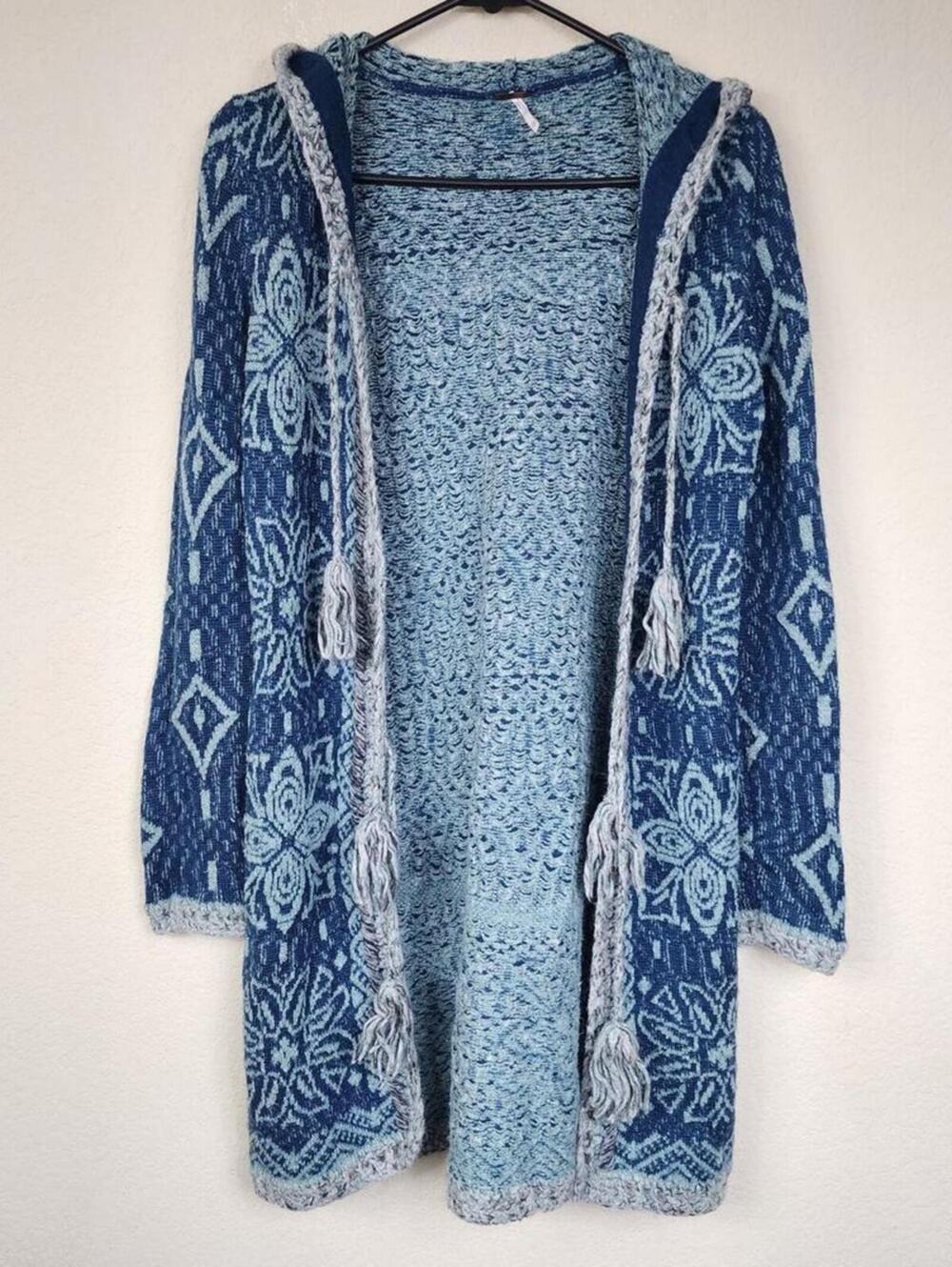 Free People Blue Tassel Cardigan Sweater